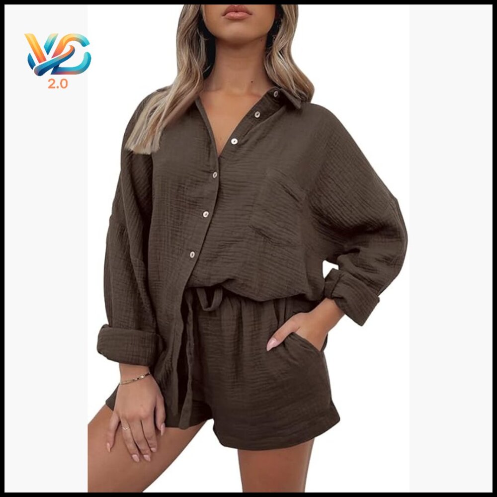 Oversized Cotton Lounge Set with Button-Down Top and Drawstring Shorts